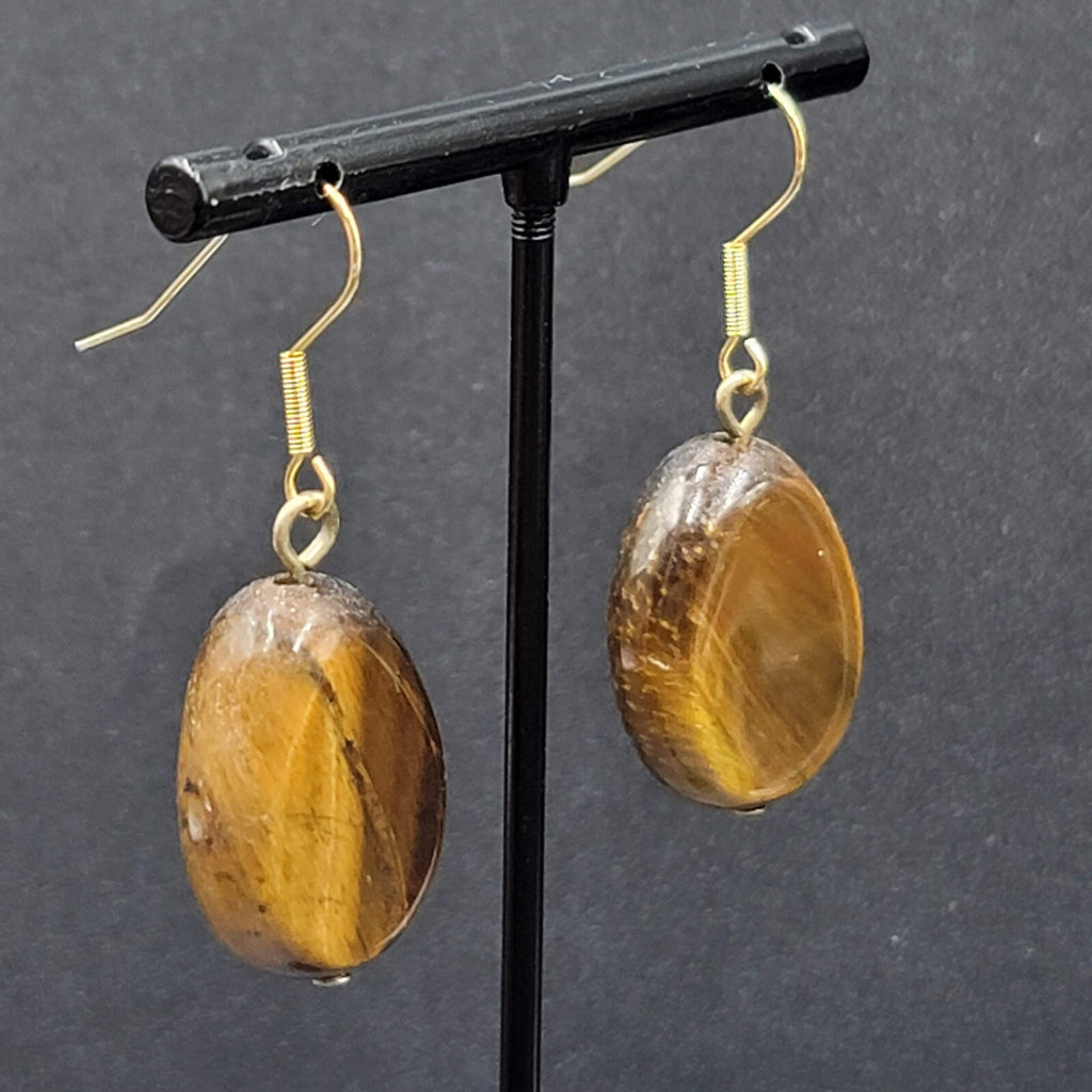 Pierced Earrings Gold tone Tigers Eye Teardrop Dangle 1 1/8"