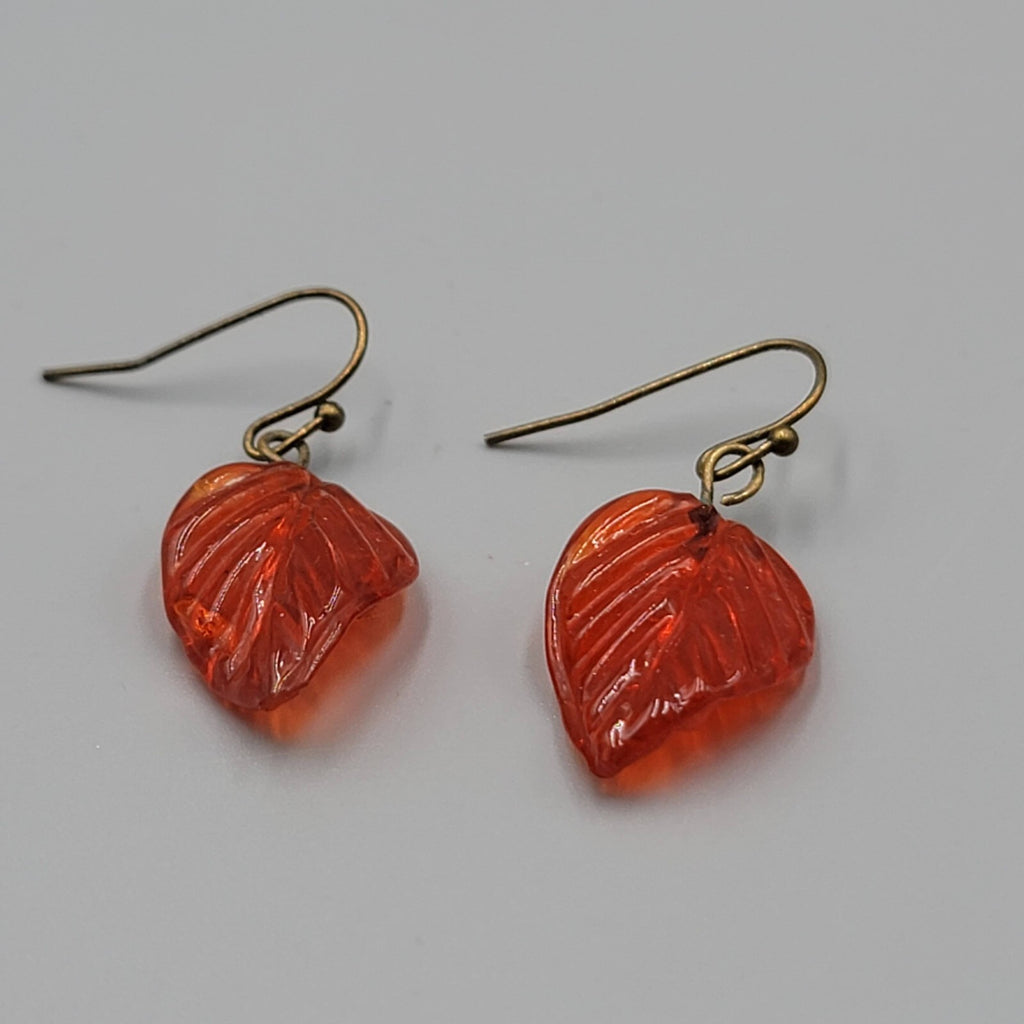 Orange Glass Leaf Pierced Earrings Bronze tone Dangle 1"