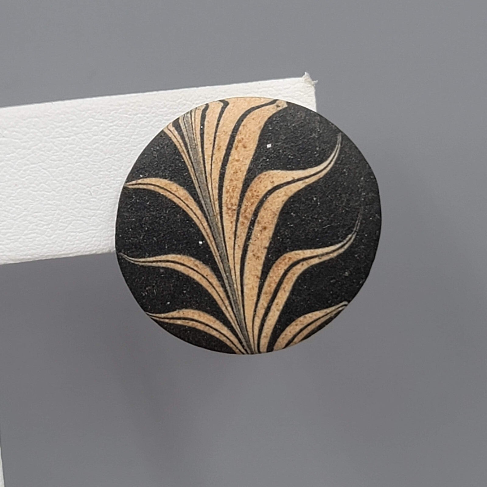 Vintage Ceramic Round Pierced Earrings Black Gold Paint 1"