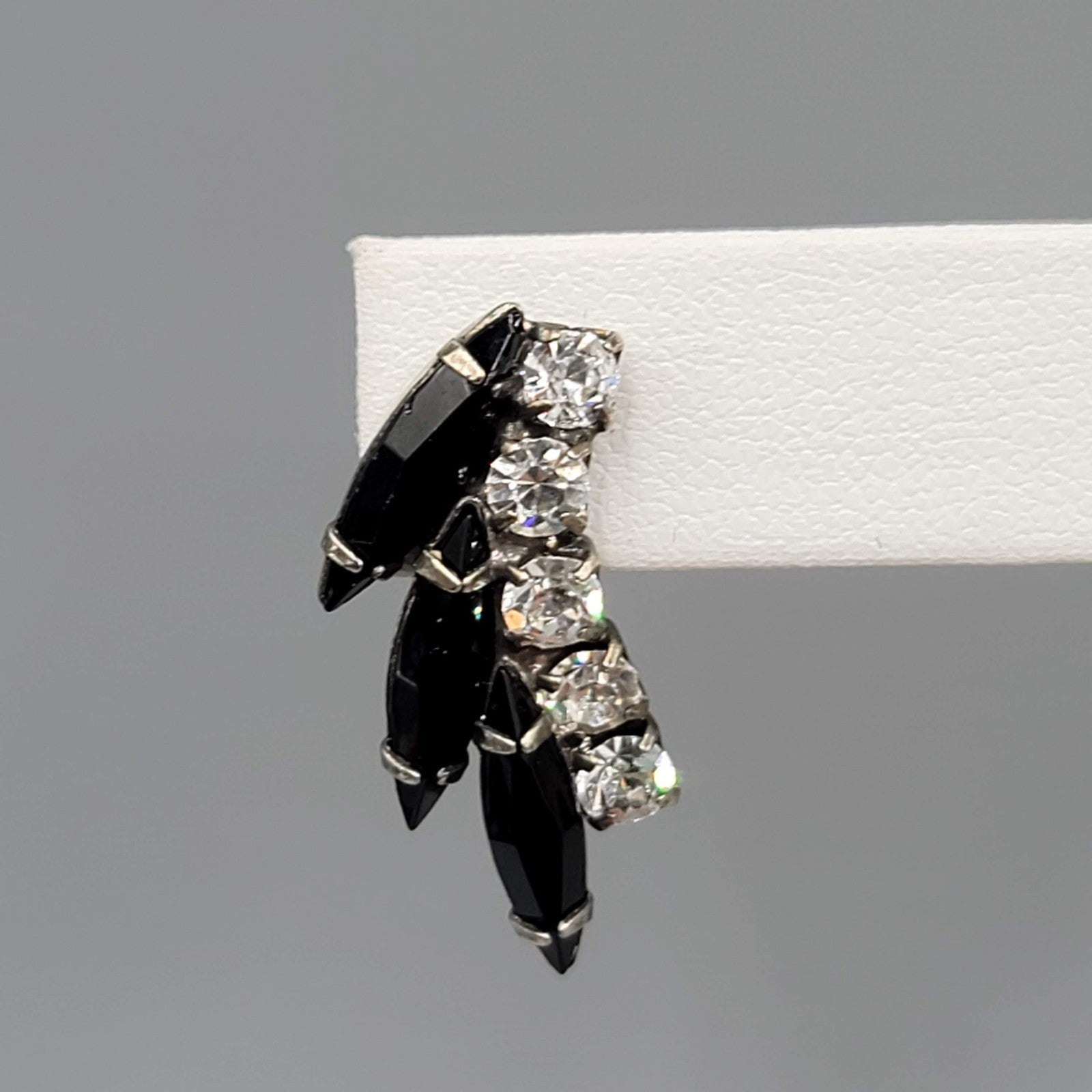 Vintage Black Clear Rhinestone Pierced Earrings Drop 1.25"
