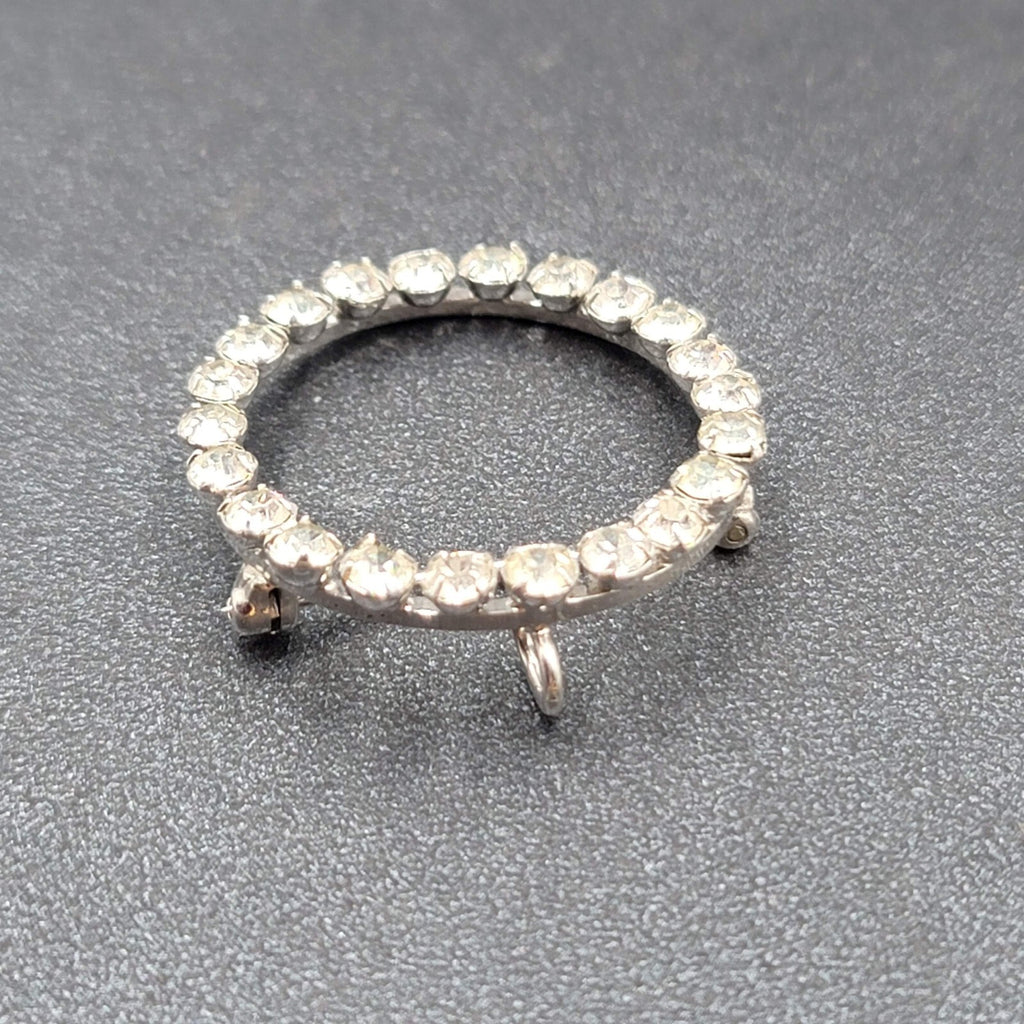Vintage Sterling Silver Brooch Open Circle Crystal Rhinestone & Pendant 1 1/8"