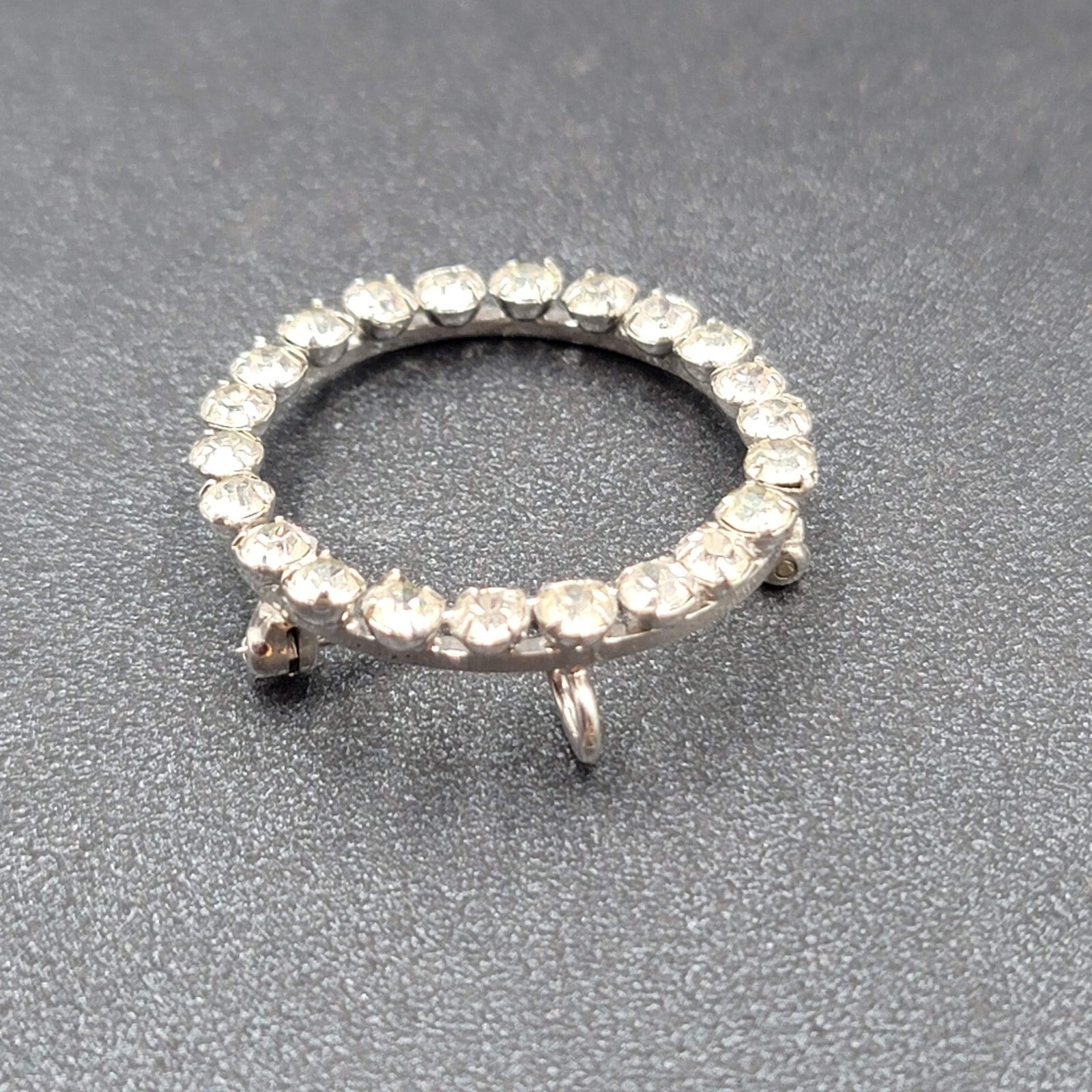 Vintage Sterling Silver Brooch Open Circle Crystal Rhinestone & Pendant 1 1/8"