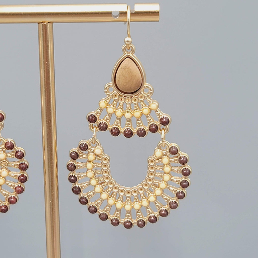 Boho Chandelier Pierced Earrings Gold toen Dangle Faux Stone 2"