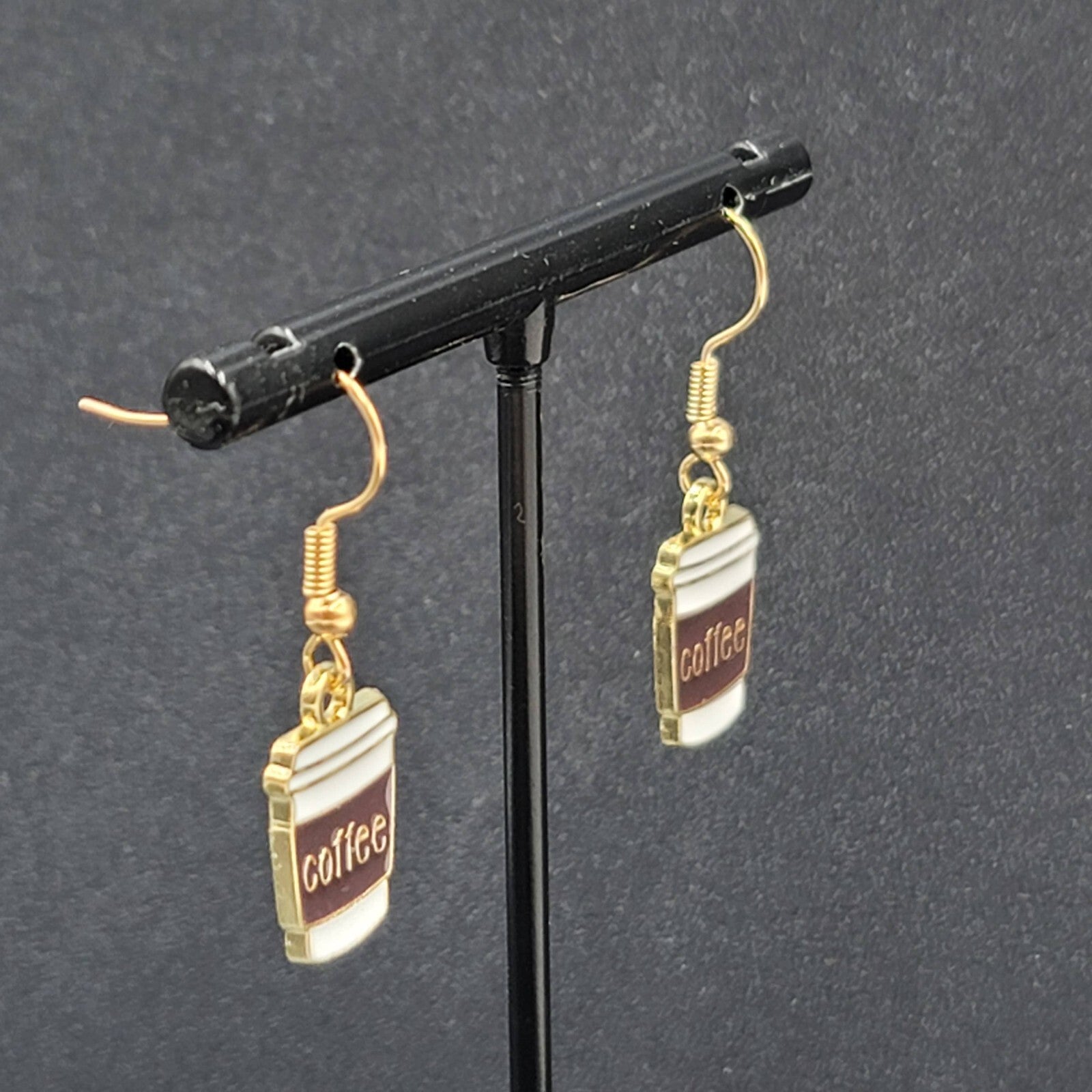 Coffee Pierced Earrings White Brown Enamel Gold tone Dangle New 5/8"
