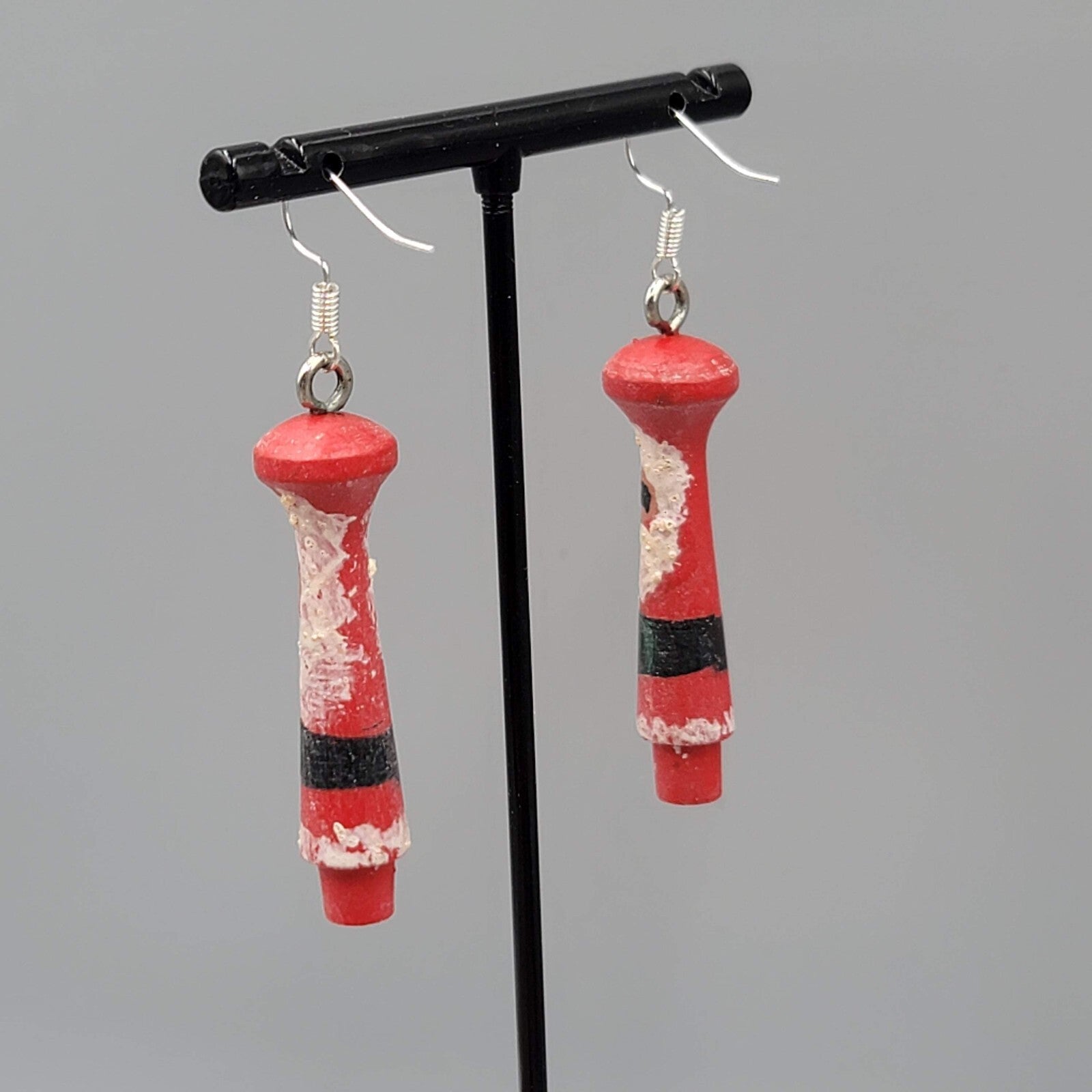 Vintage Christmas Santa Pierced Earrings Hand Painted Wood Dangle 2"