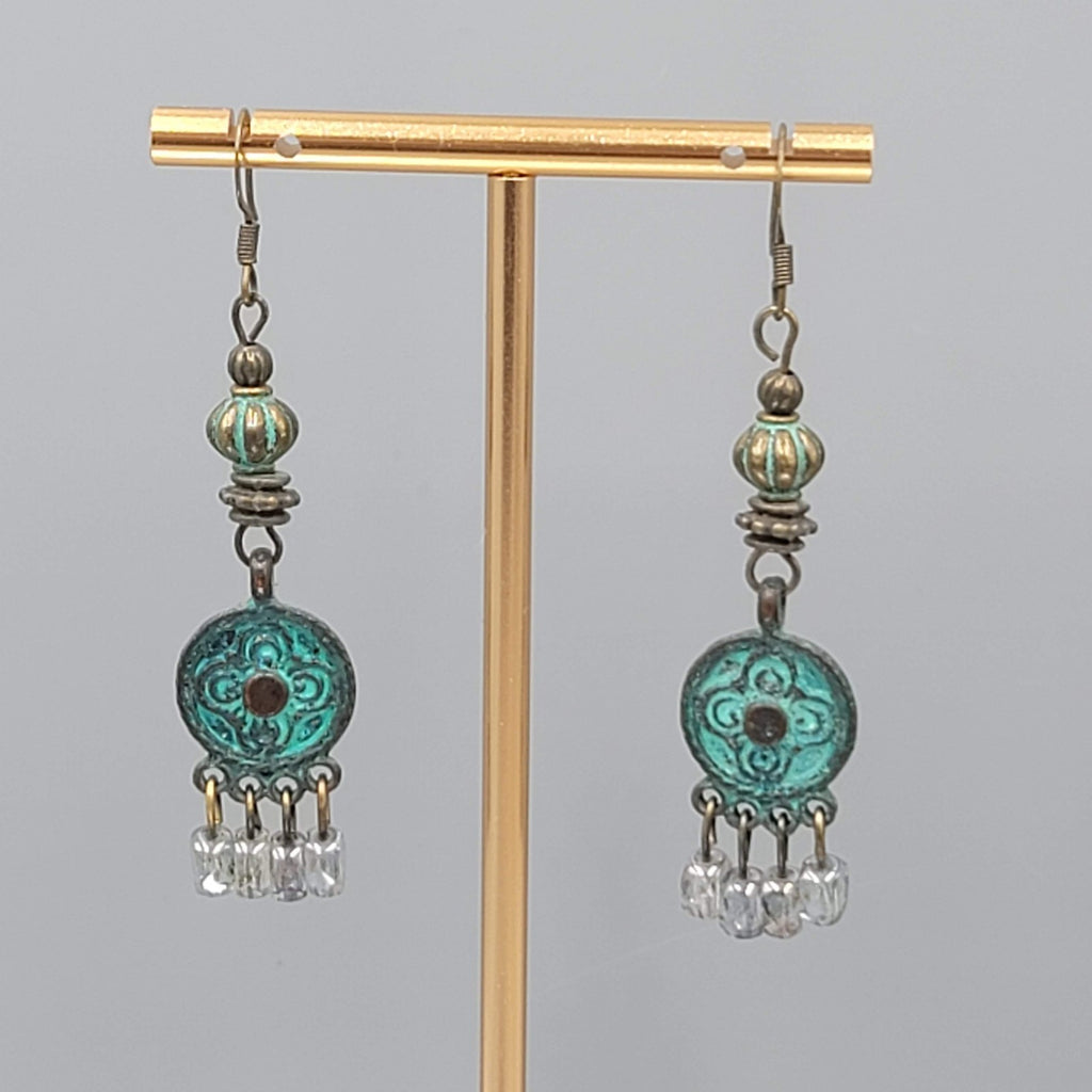 Green Bronze tone Chandelier Dangle Pierced Earrings 2"