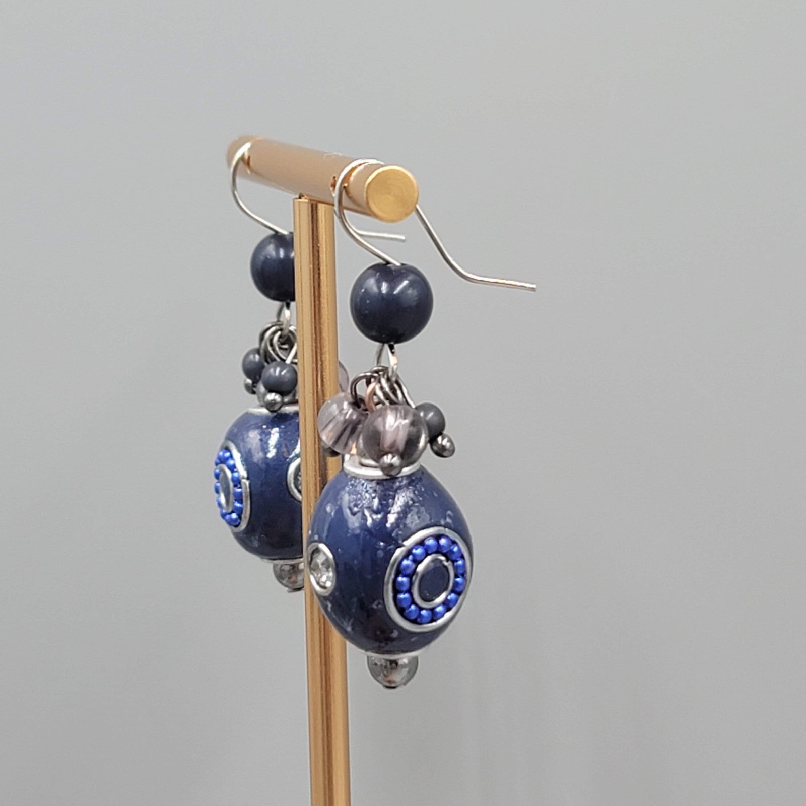 Blue Bead Pierced Earrings Crystal Silver tone Dangle 1.25 in