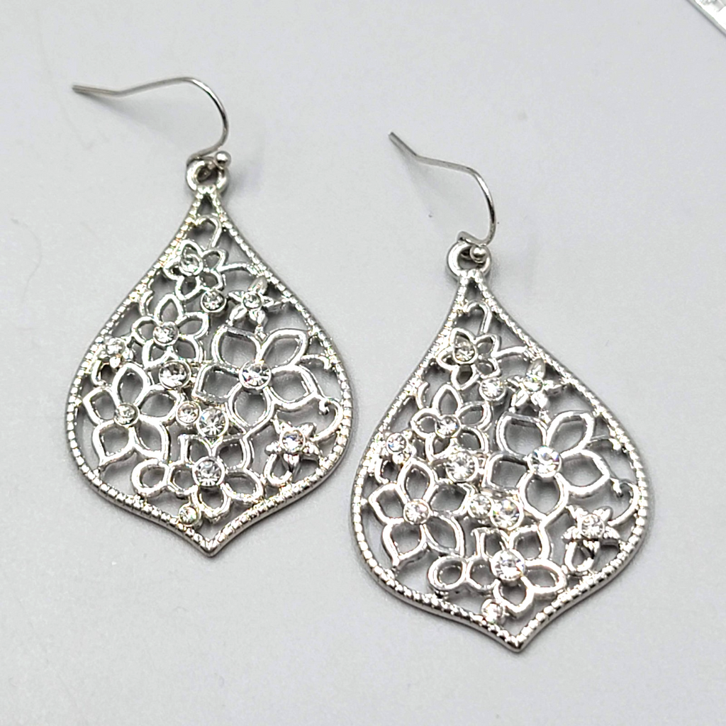 Open Work Rhinestone Pierced Earrings Silver toen Dangle 1.75"