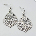 Open Work Rhinestone Pierced Earrings Silver toen Dangle 1.75"
