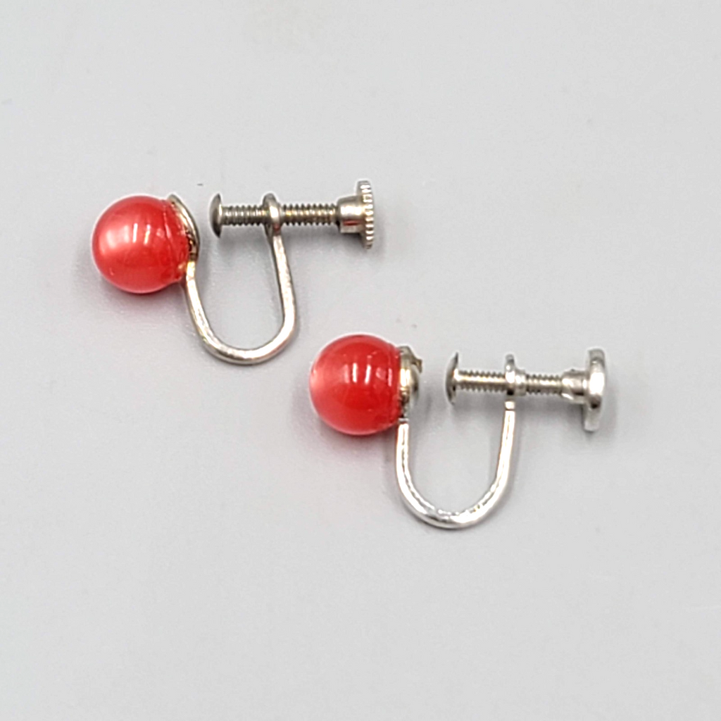 Vintage Red Moon Glow Stud Clip on Earrings Silver tone Screw Back 1/4"