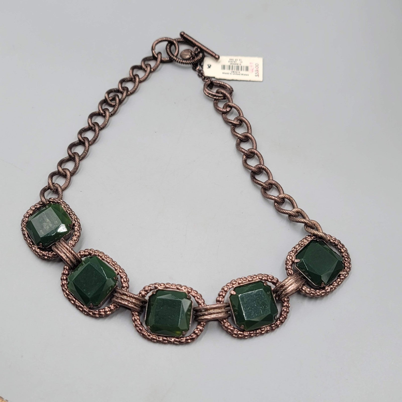 Talbots Necklace Large Statement Dark Bronze tone Green Accents 18 in Toggle
