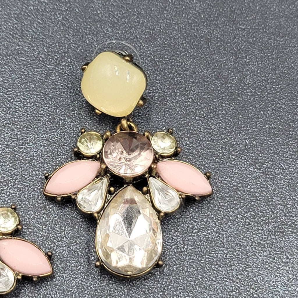 Pierced Earrings Antiqued Gold tone Multicolor Faceted Accent Acrylic 1 7/8"