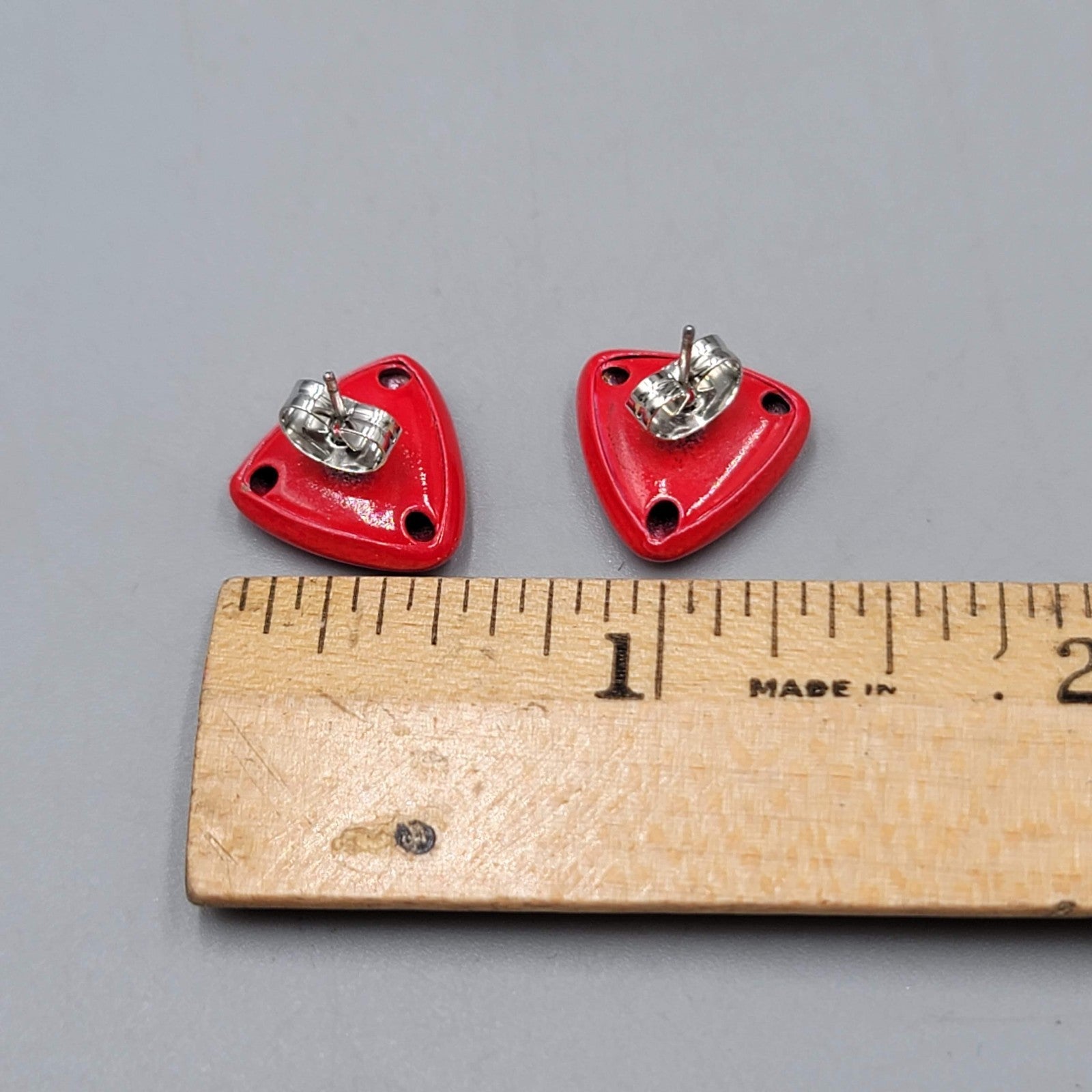 Vintage Red Enamel Triangle Studs Pierced Earrings 3/8 in