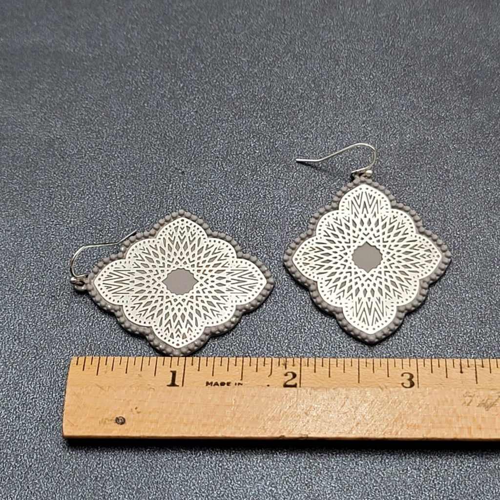 Pierced Earrings Silver tone Gray Enamel Filigree Enamel 1.75"
