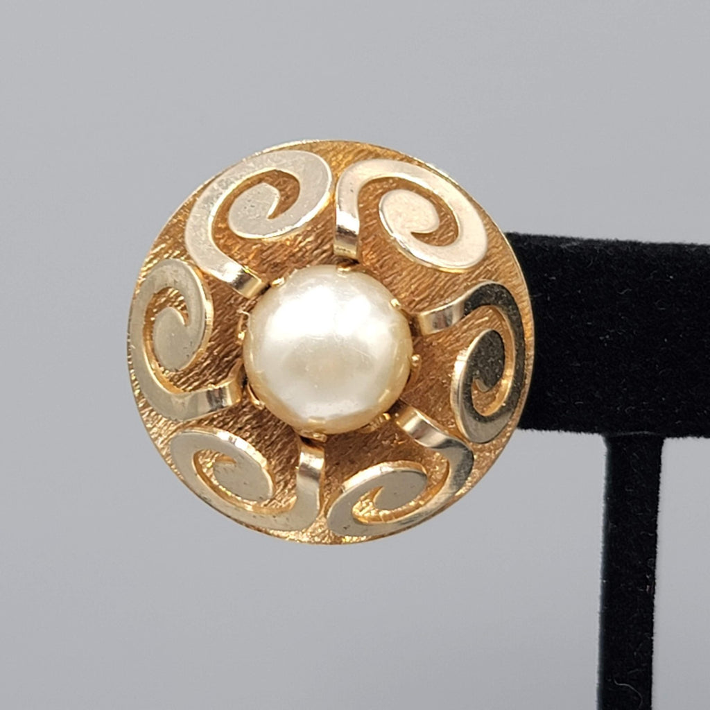 Vintage Clip on Earrings Gold tone White Cabochon Round Statement 1 1/8"