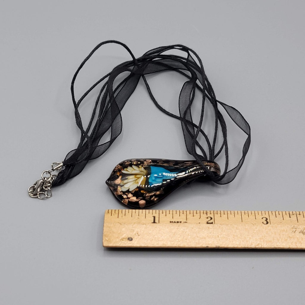 Art Glass Pendant Necklace Teardrop Flower Black Ribbon Cord 18"-19"