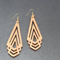 New Boho Pierced Earrings Metallic Gold Wood Cut Geometric Dangle 3"