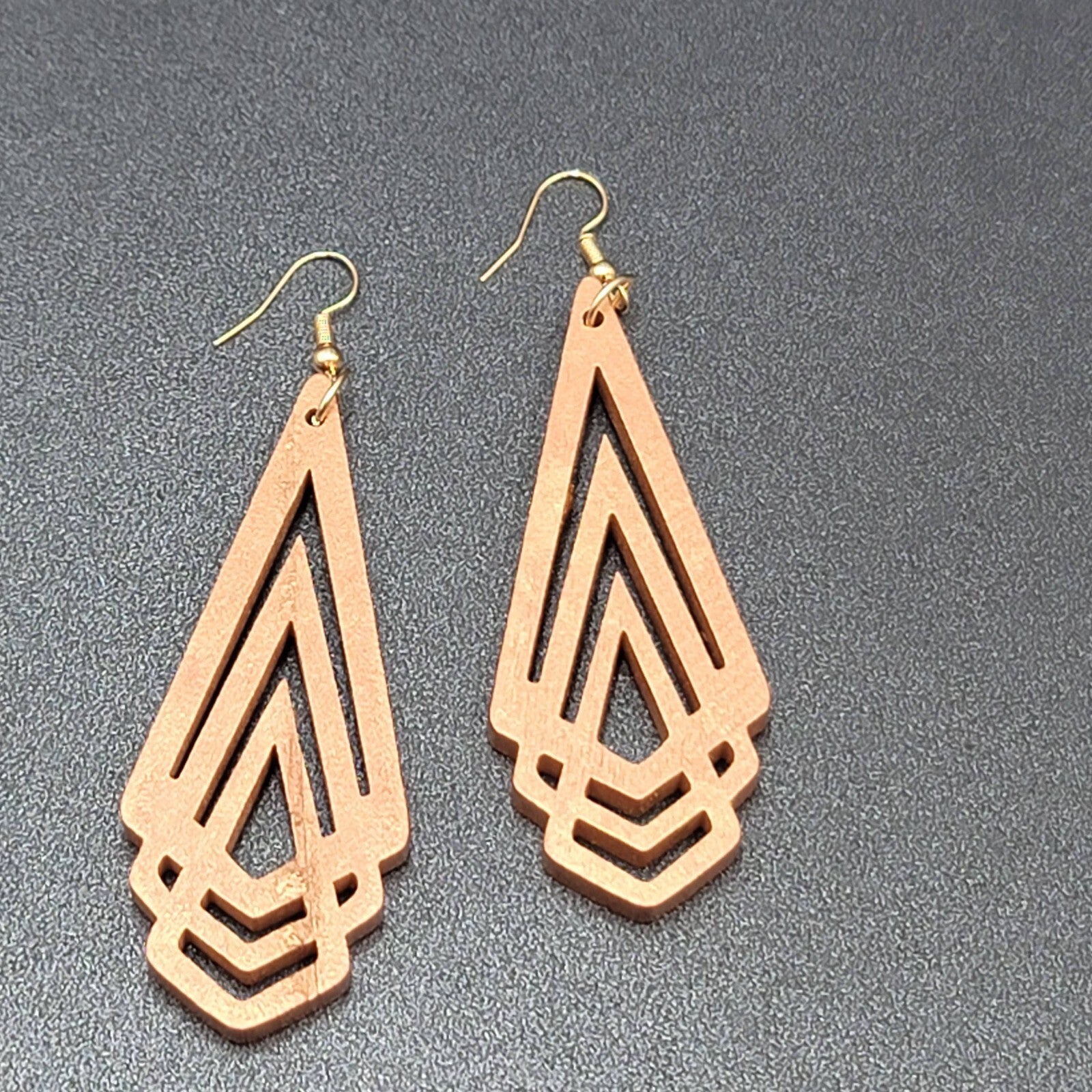 New Boho Pierced Earrings Metallic Gold Wood Cut Geometric Dangle 3"