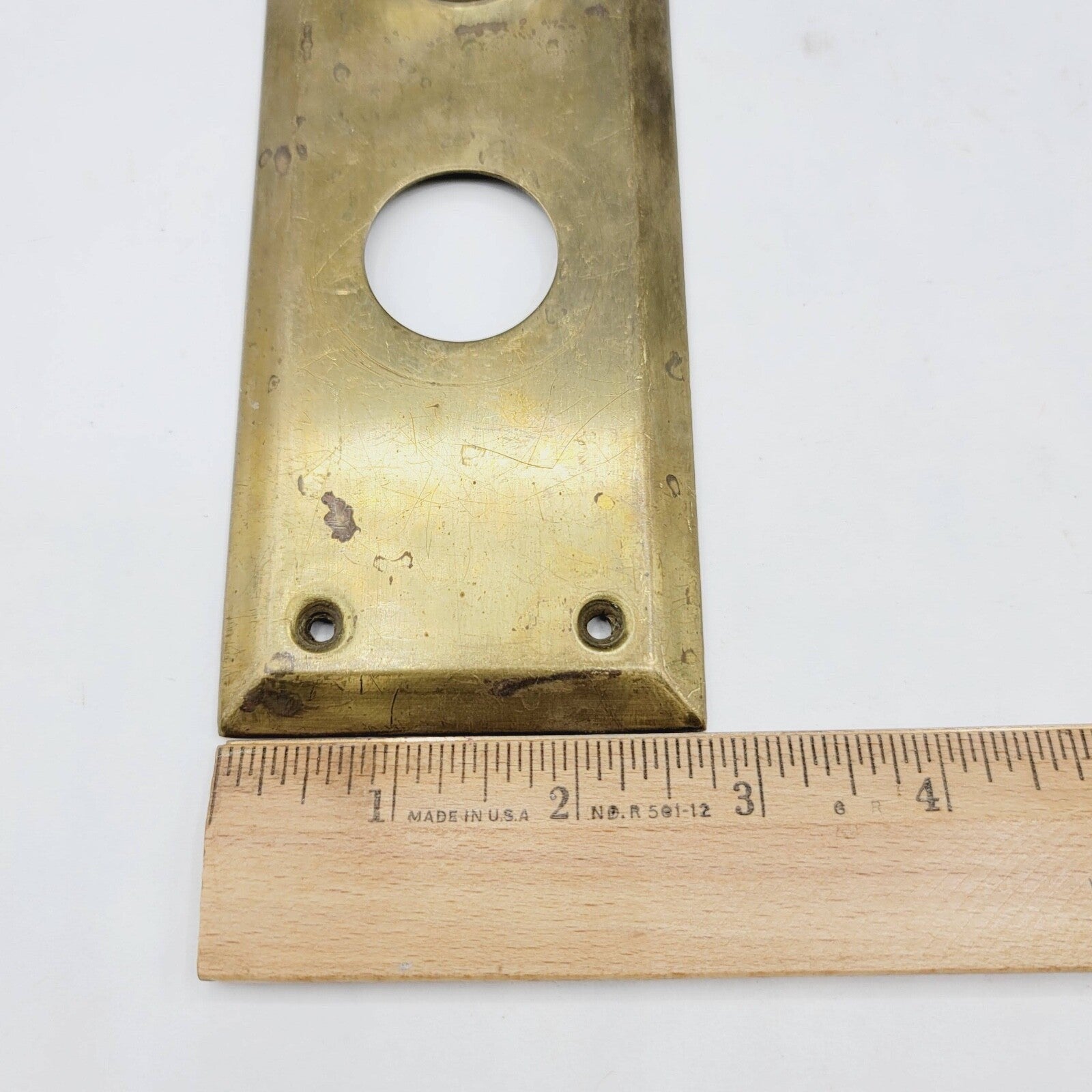 Vintage Brass Interior Doorknob Back Plate 8" x 2 3/4" holes 2 1/2"