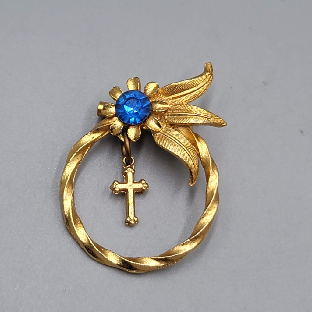 Vintage Cross Bow Blue Rhinestone Brooch Gold tone Dangle 1.25"