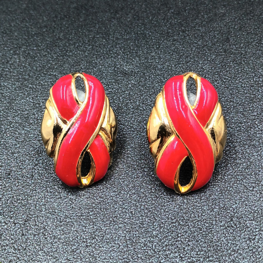 Vintage Pierced Earrings Red Enamel Infinity Gold tone Oval Drop 1"