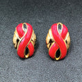 Vintage Pierced Earrings Red Enamel Infinity Gold tone Oval Drop 1"