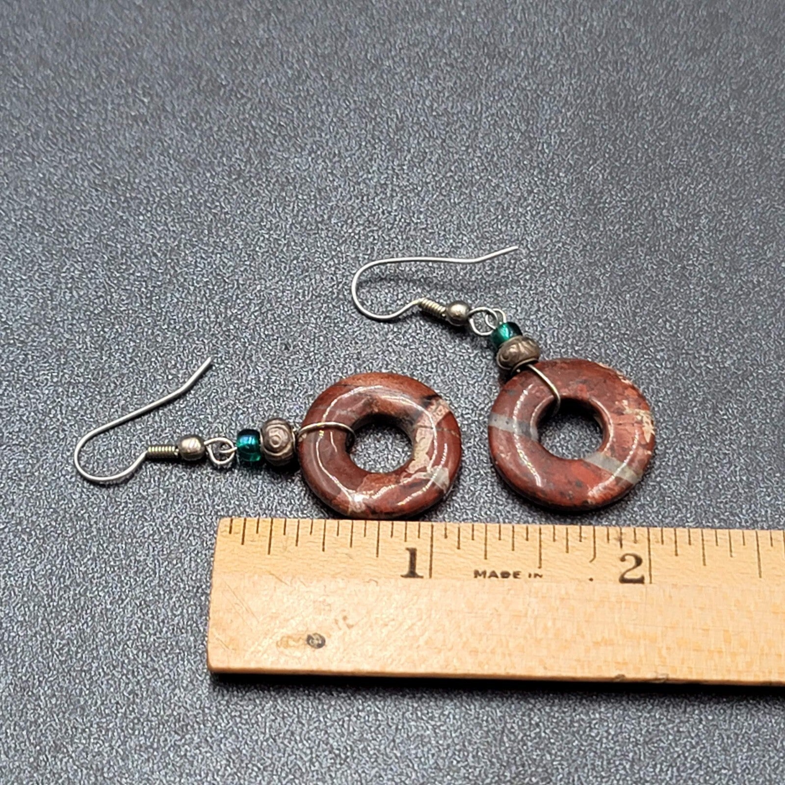 Pierced Earrings Red Agate Circle Bead Dangle Silver tone 1 1/8"
