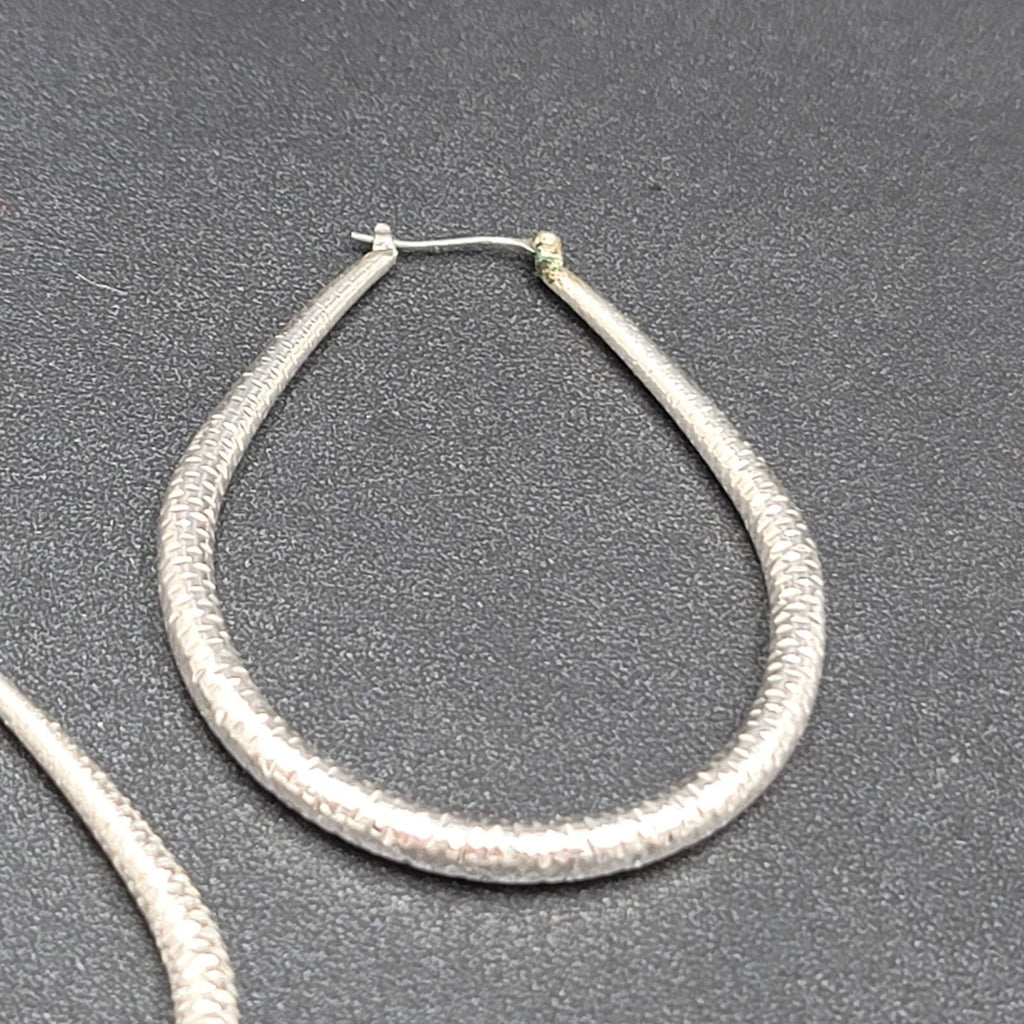 Pierced Earrings Silver tone Large Textured Hoops Teardrop Dangle 2.25"