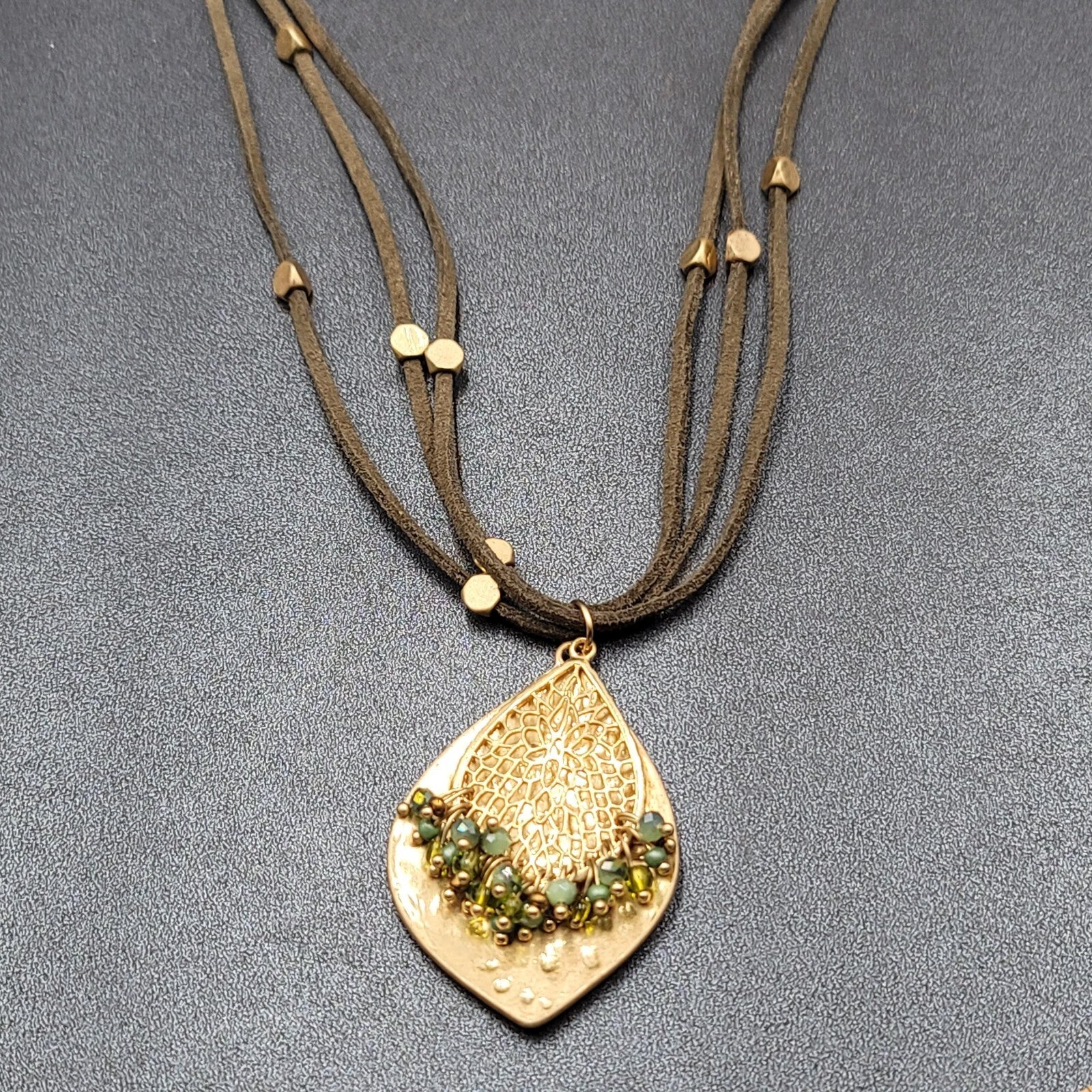 Long Statement Necklace Green Suede Triple Cord Gold tone Pendant 54"