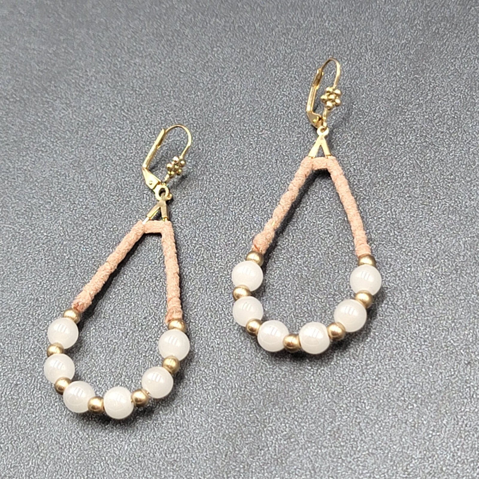 Pierced Earrings Gold tone Leather Wrapped Beaded Teardrop Dangle 2.25"