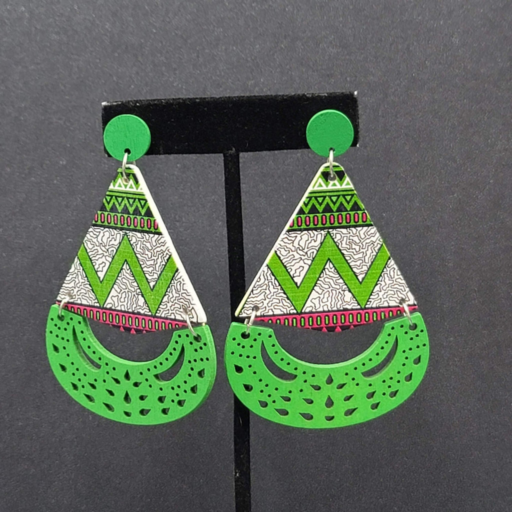 Pierced Earrings Green Multicolor Wood Statement Dangle Large 3"