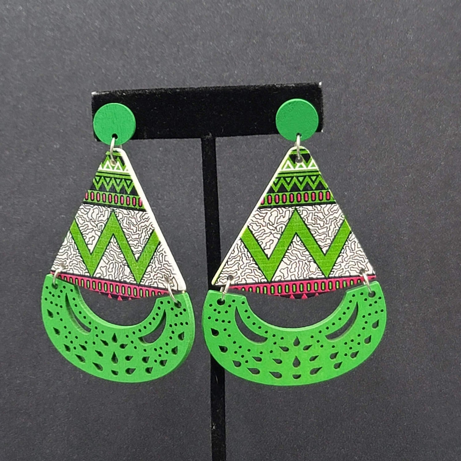Pierced Earrings Green Multicolor Wood Statement Dangle Large 3"