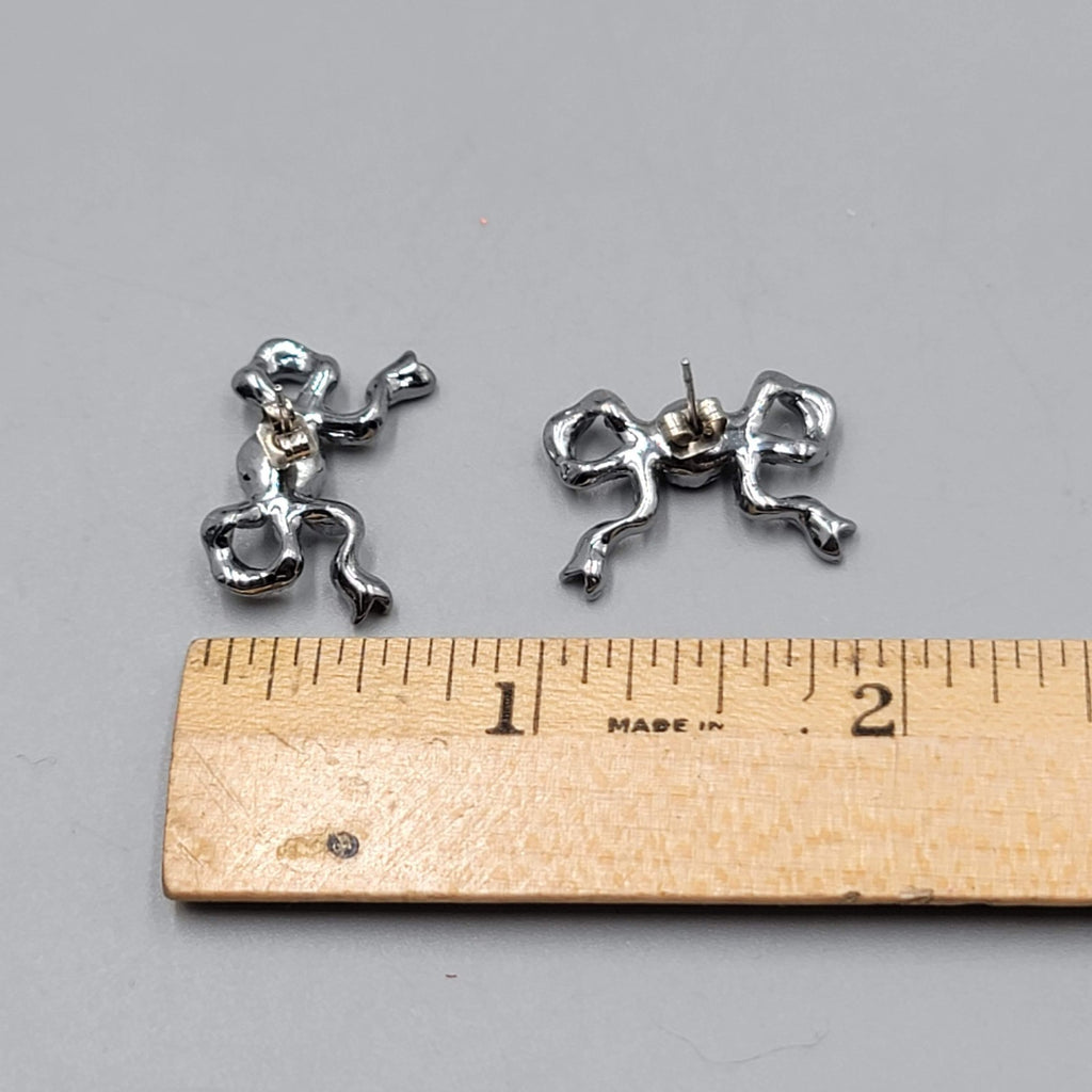 Rhinestone Bow Pierced Earrings Gunmetal Gray Drop 5/8 in