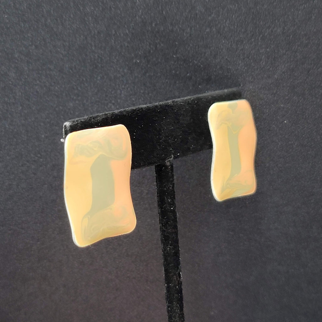 Vintage Pierced Earrings Peach Sage Enamel Rectangle Drop 1"