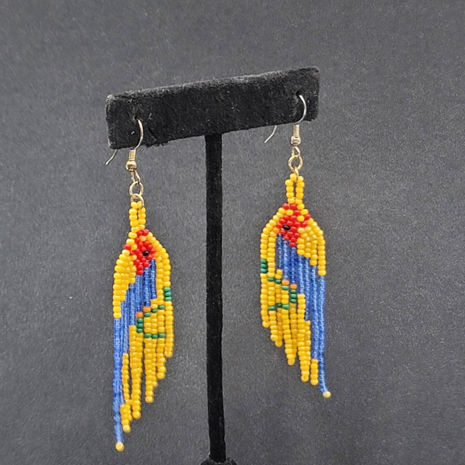 Vintage Pierced Earrings Yellow Seed Bead Parrot Bird Dangle 2.75"
