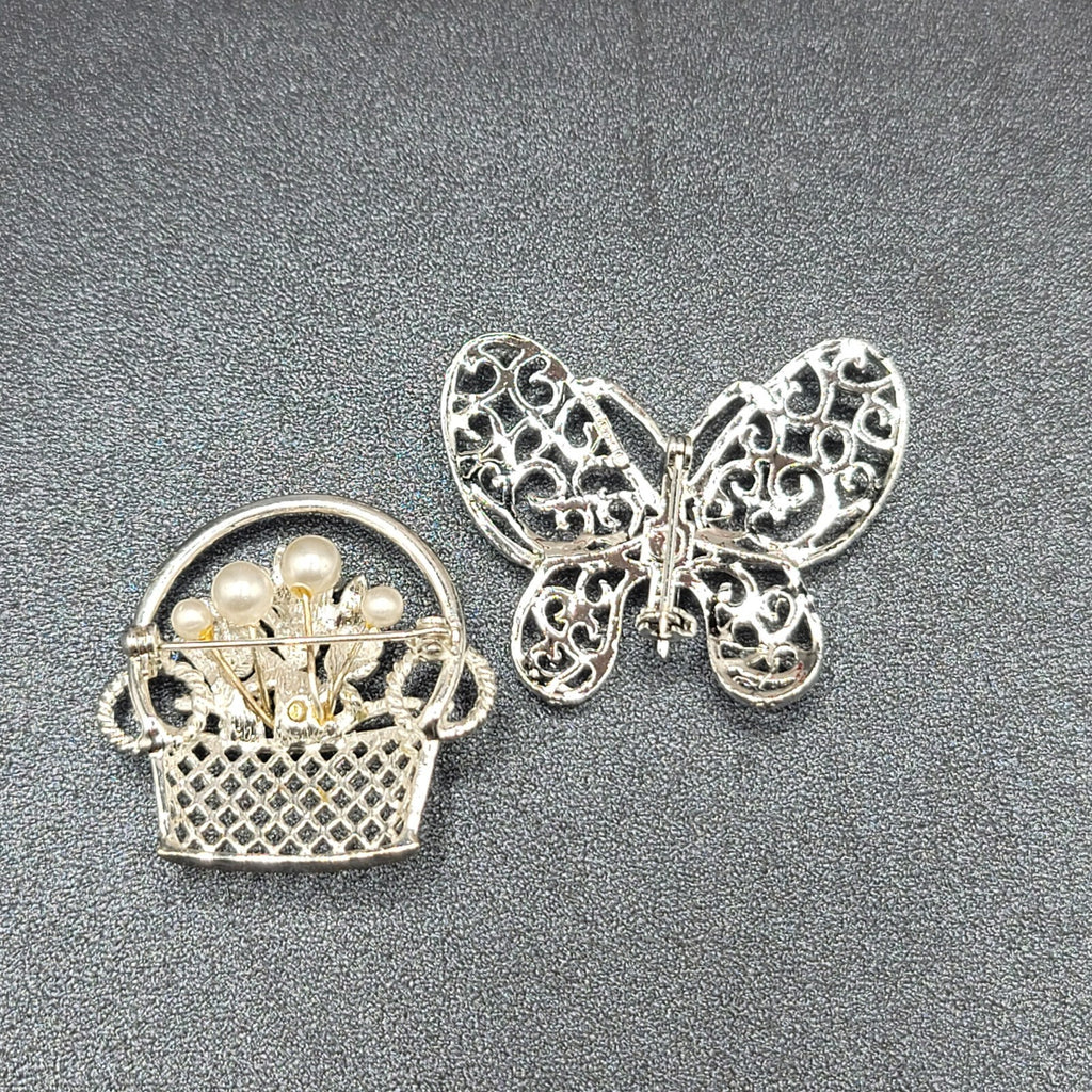 Vintage Brooch Lot of 2 Silver tone Basket of Flowers Filigree Butterfly
