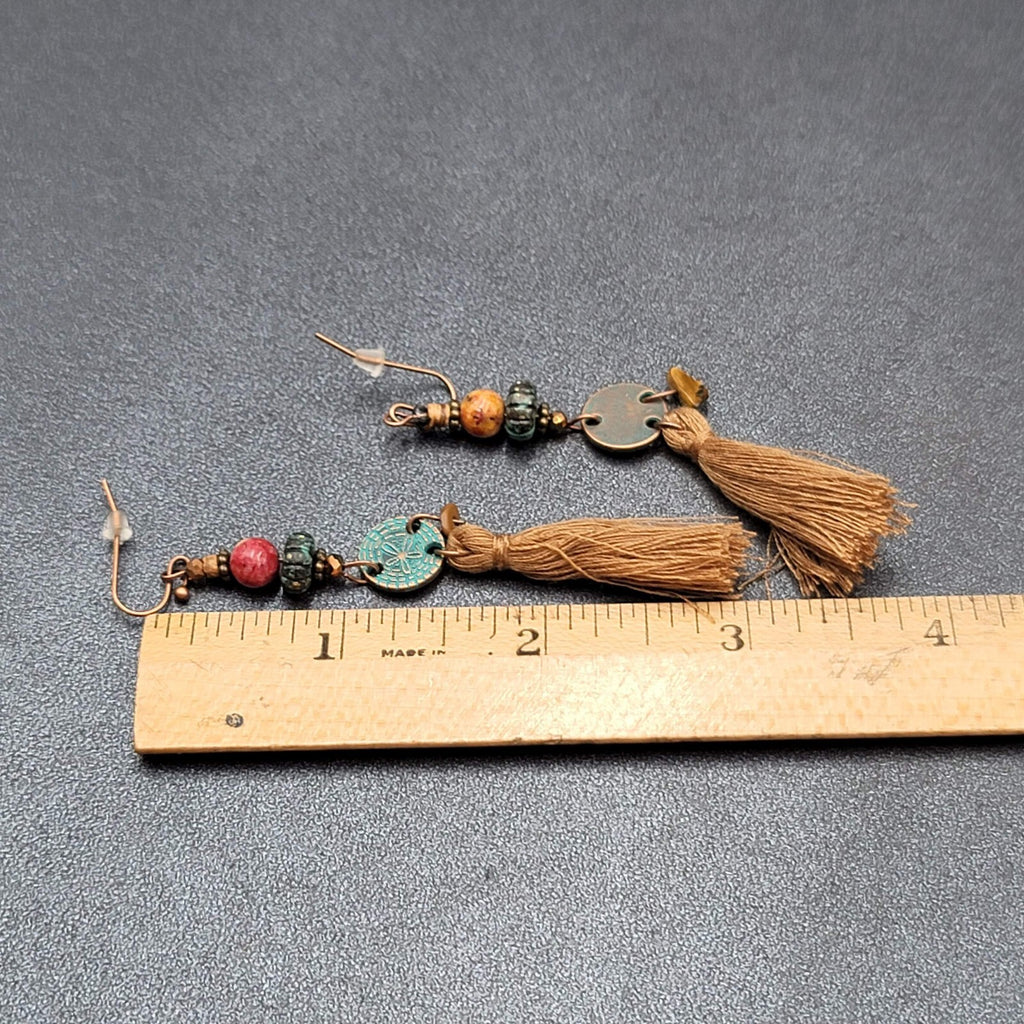 New Boho Pierced Earrings Long Copper tone Brown Tassel Beaded 3"