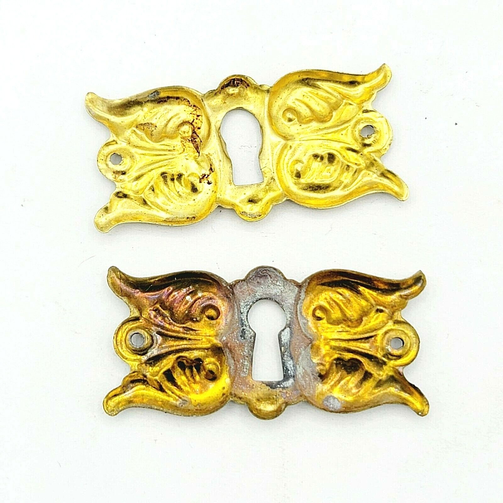 Vintage Ornate Brass Skeleton Key hole Escutcheon Lot of 2 Hardware 2 1/4" x 1"