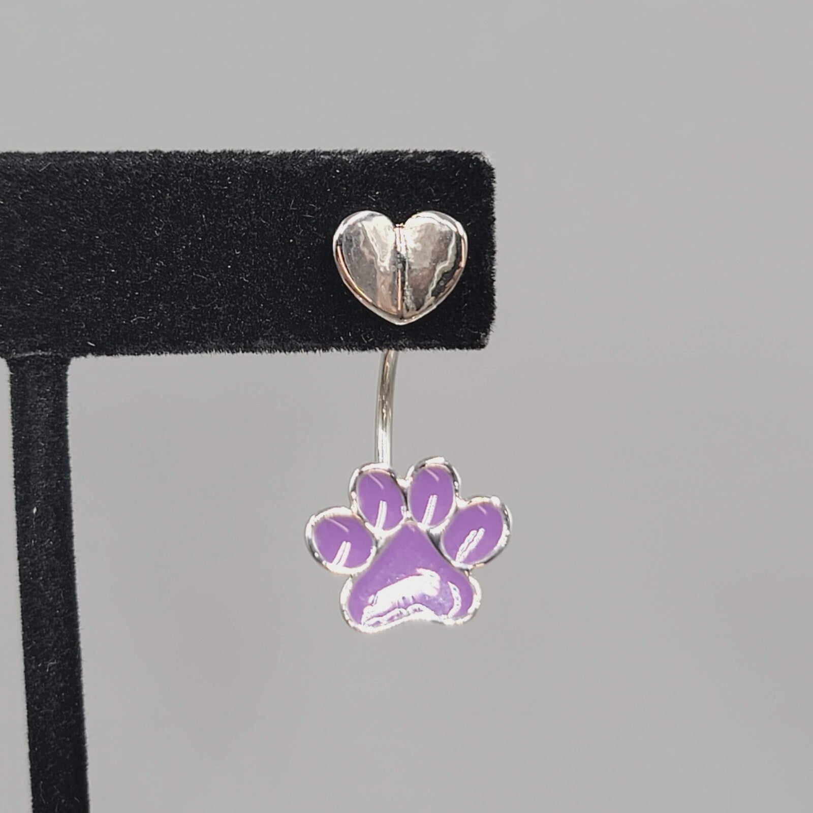 Pierced Earrings Purple Enamel Paw Drop Jacket Silver tone 1.25"