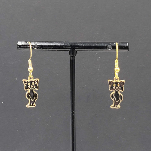 Cat Pierced Earrings Gold tone Black Enamel Dangle 3/4"