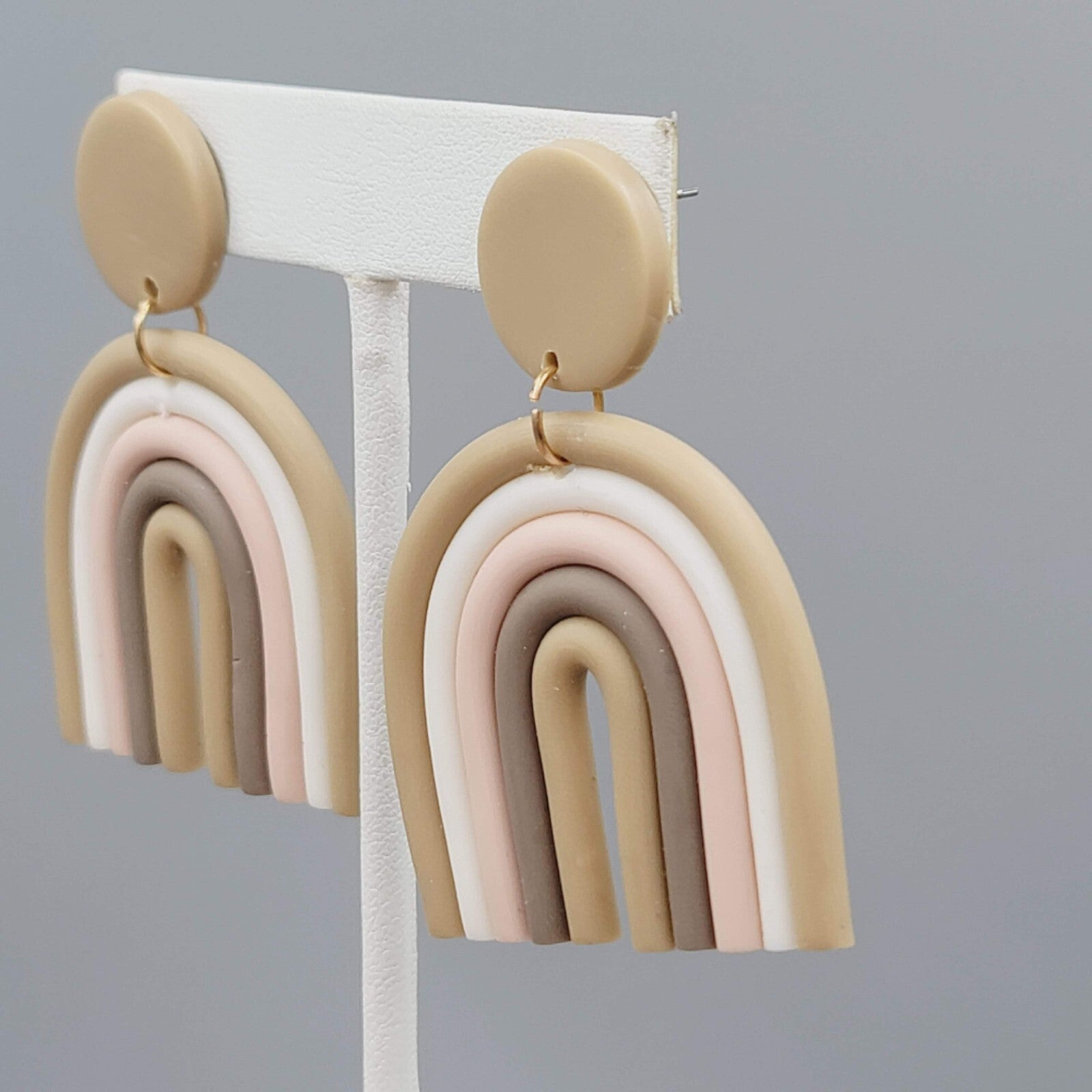 Polymer Clay Statement Pierced Earrings Tan White Pink Dangle 2.25"