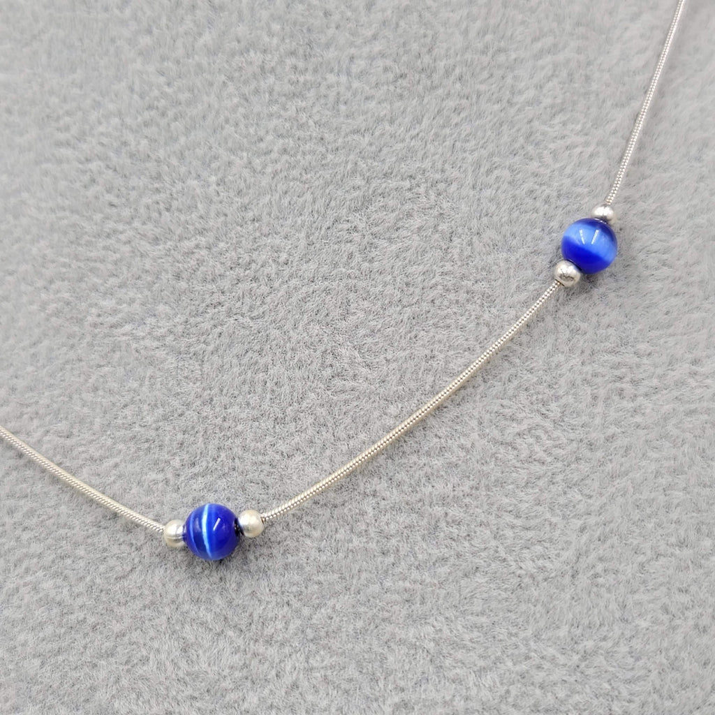 Royal Blue Cats Eye Station Sterling Silver Necklace 925 - 16"