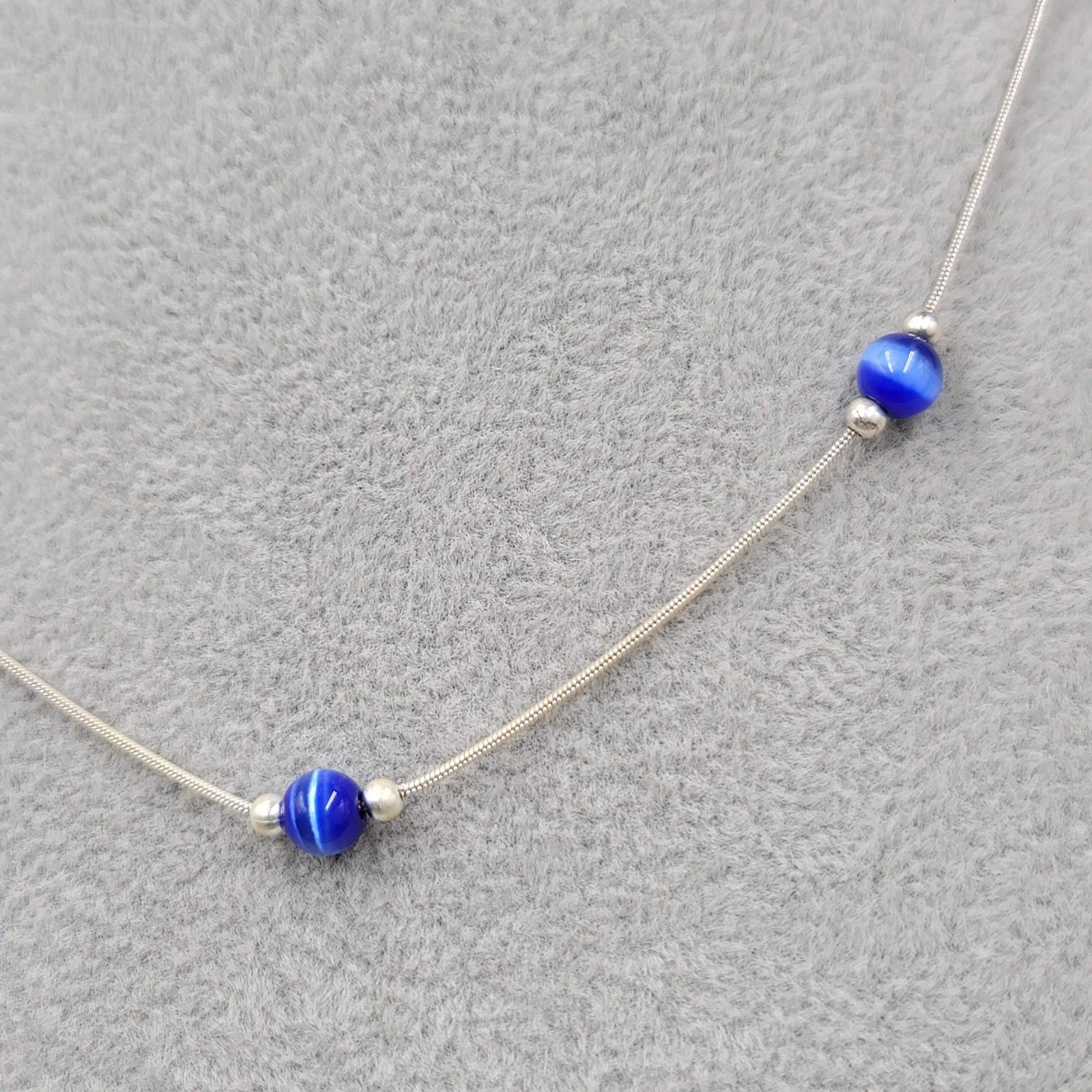 Royal Blue Cats Eye Station Sterling Silver Necklace 925 - 16"