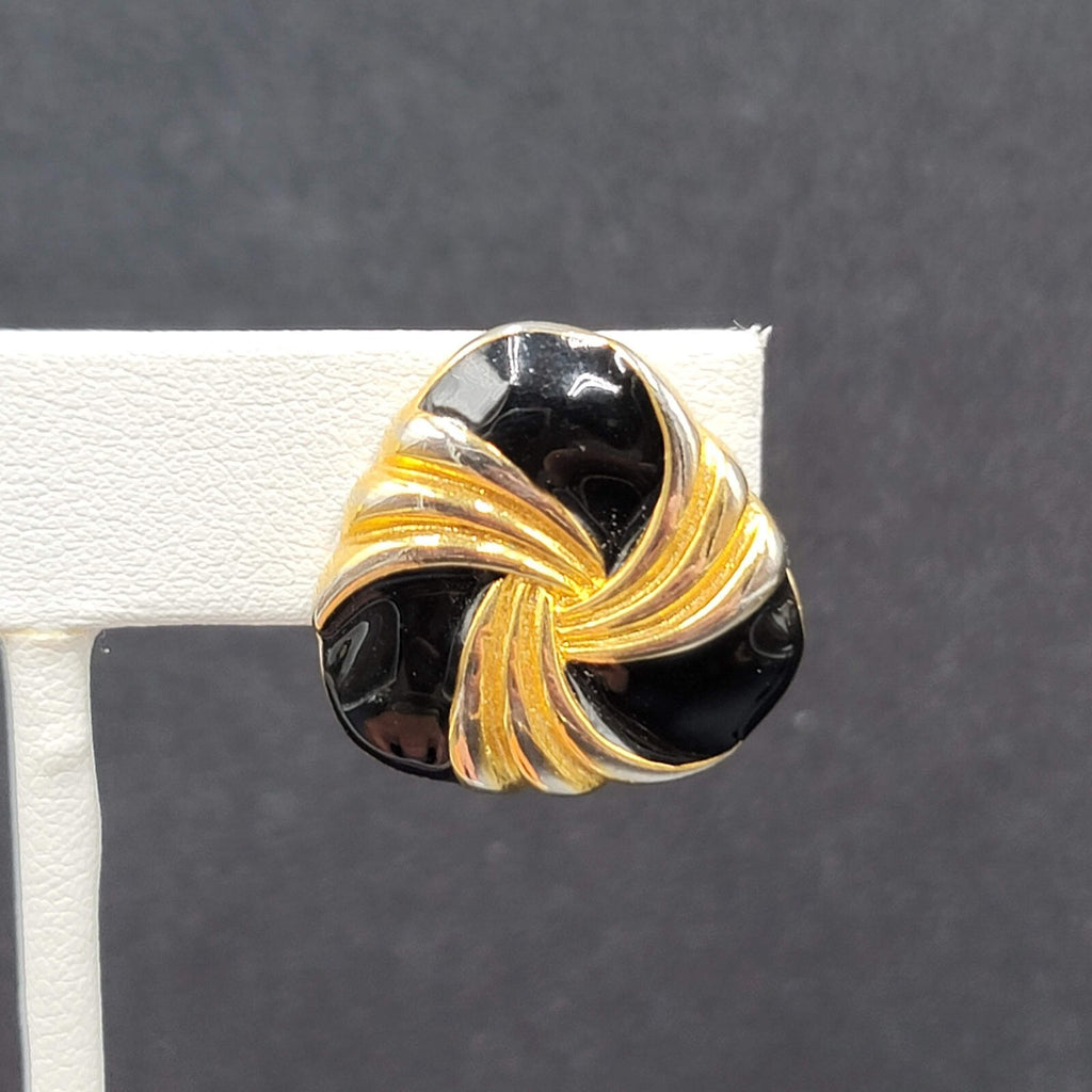 Vintage Napier Clip on Earrings Gold tone Black Enamel Screw Back 7/8"