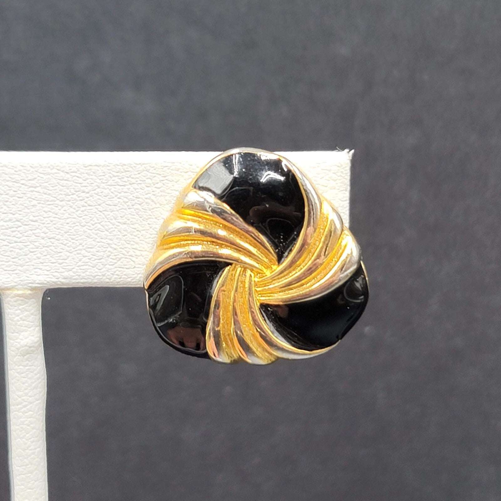 Vintage Napier Clip on Earrings Gold tone Black Enamel Screw Back 7/8"