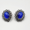 Vintage Blue Cats Eye Cabochon Clip on Earrings Silver tone Oval Drop 3/4"
