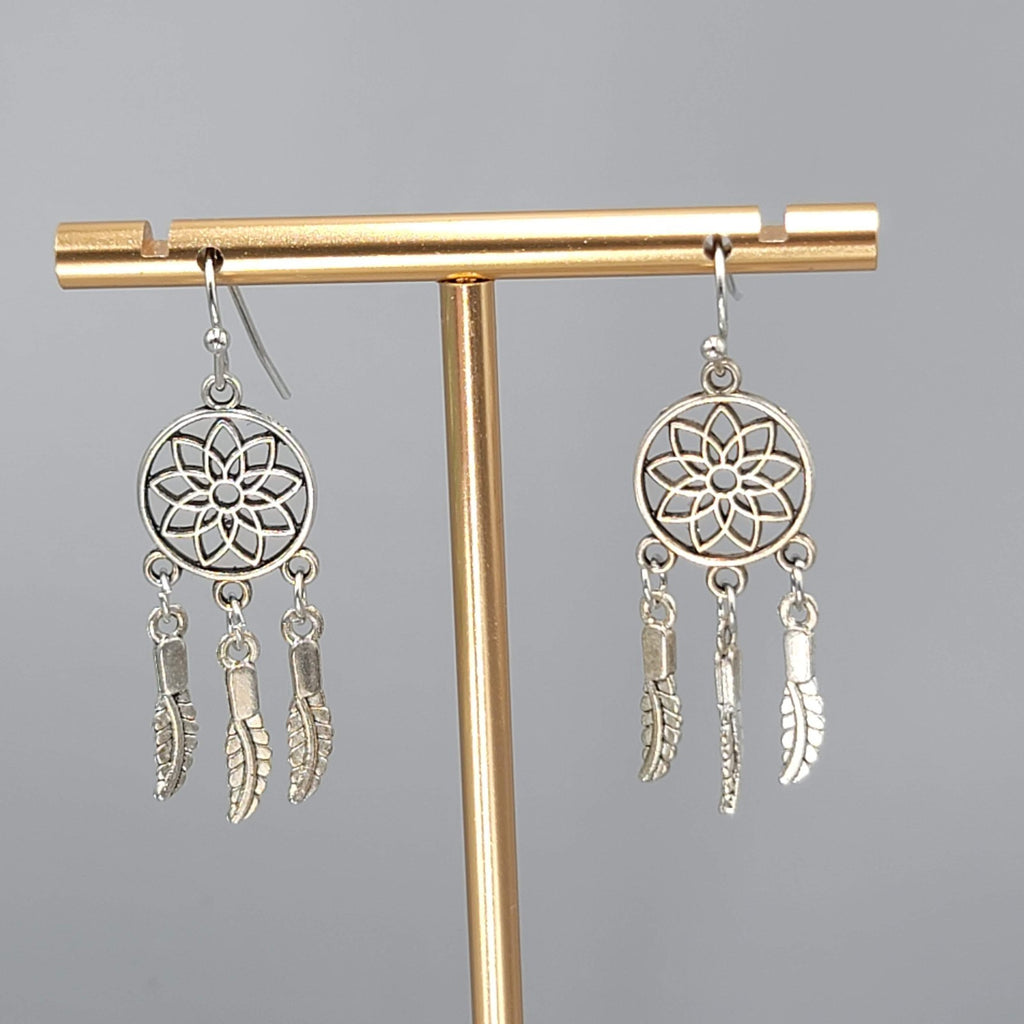 Dream Catcher Feather Pierced Earrings Silver tone Dangle 1.25 in