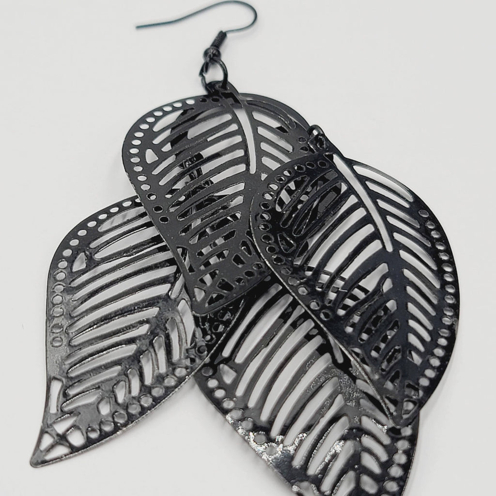 Large Statement Pierced Earrings Black Enamel Leaf Chandelier Dangle 3.5"