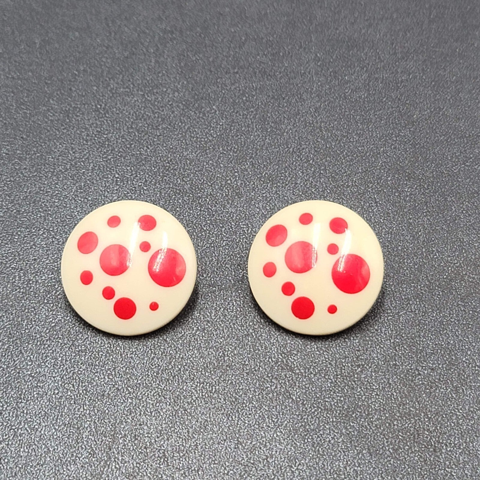 Vintage Pierced Earrings White Acrylic Round Red Polka Dots 1"