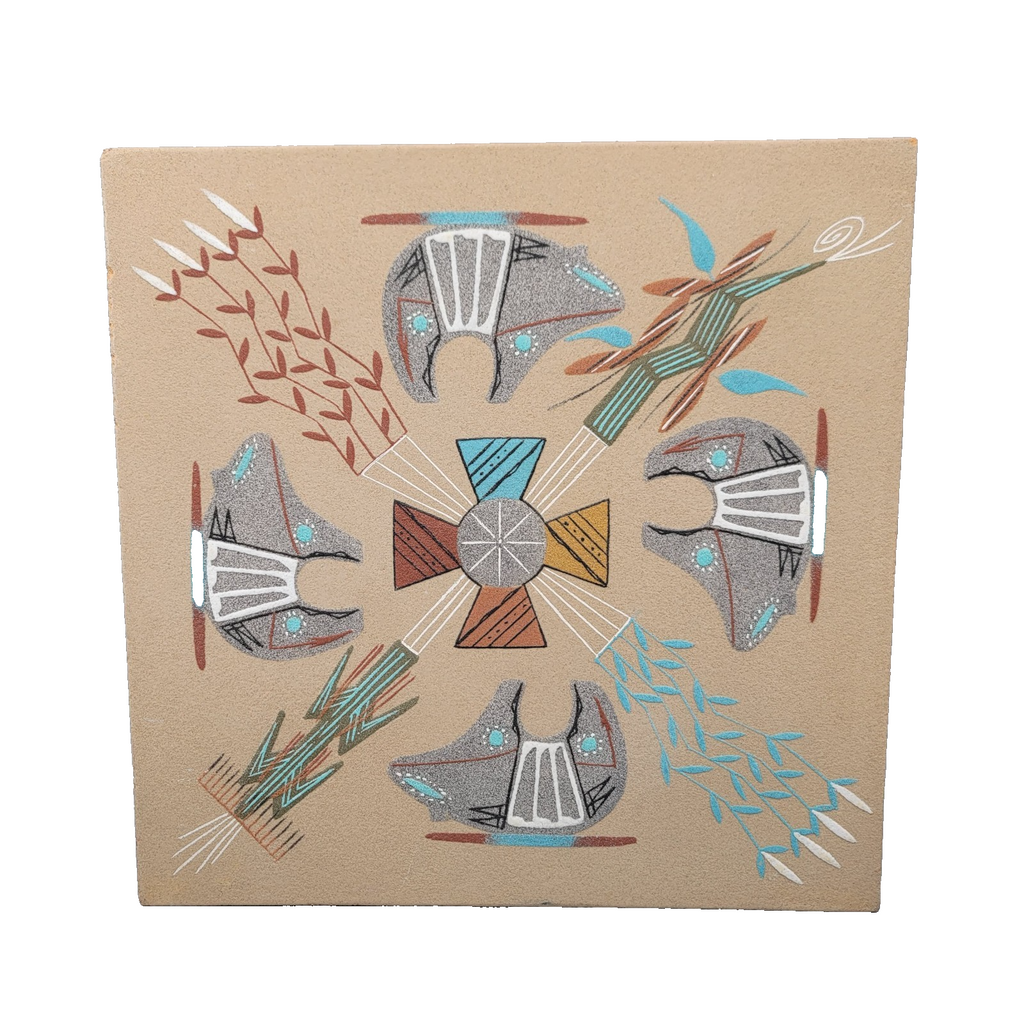 Navajo Sand Painting Signed Tim Smith Studio 13" Square 4 Bears